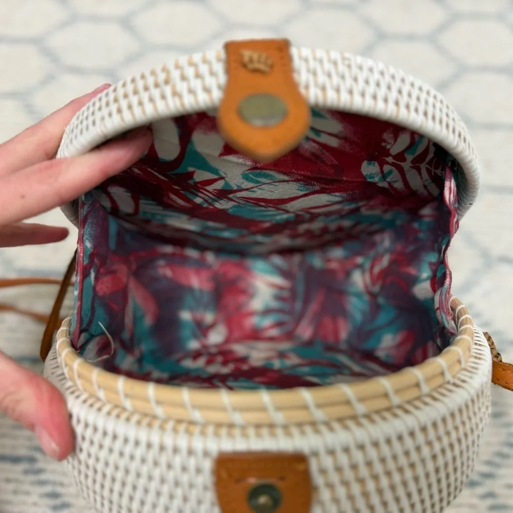 HANDMADE White Woven Boho Rattan Round Crossbody Leather Strap Tropical Lining